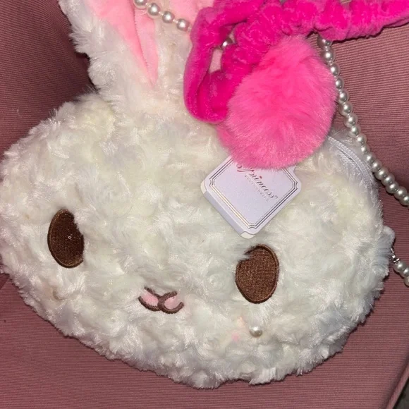 Adorable White and Pink Bunny Kids Purse with hot pink Pom Pom head band - Picture 3 of 7